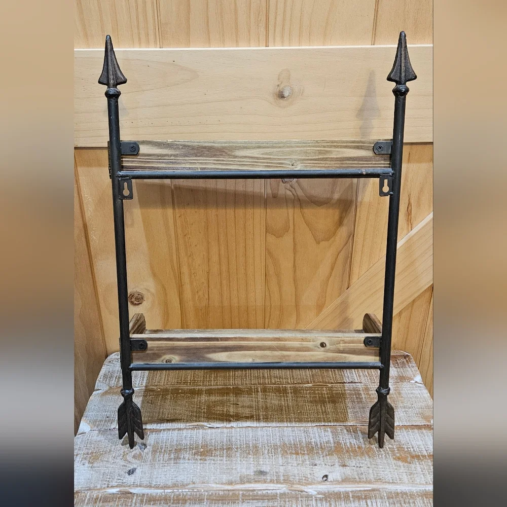 Arrow Detail Rustic Wood and Metal Two Tier Wall Shelf